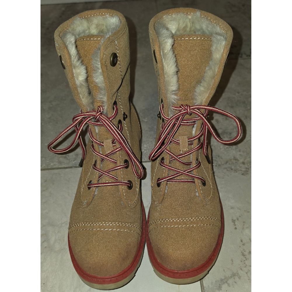 Roxy Mountain & Waves Tan Suede Faux Fur Fold Over Combat Boots Sz 7.5